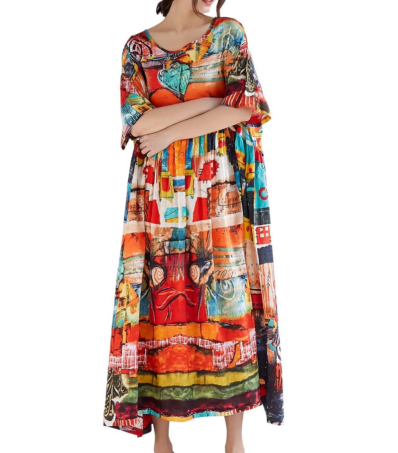 ellazhu Women's Half Sleeve Summer Oversized Bohemian Dress Scoop Neck Abstract Print Maxi Baggy Beach Dresses GA1396 - Image 1